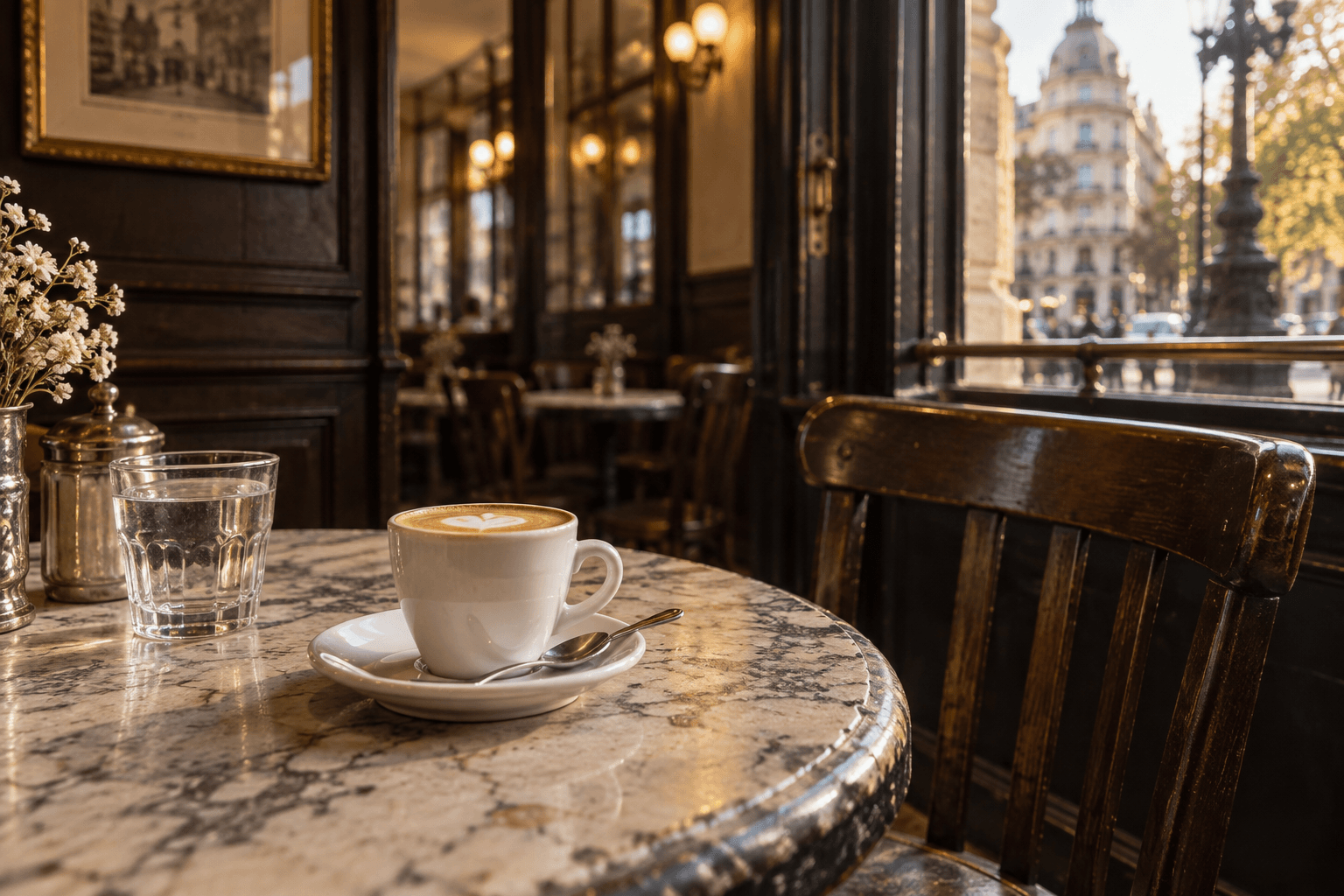 Ilustración de un cortado sobre una mesa de mármol en un café