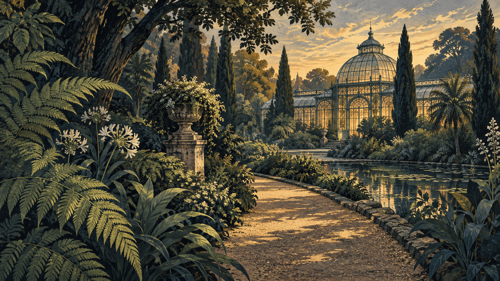 Imaginary botanical scene; illustration, not a photograph of the venue