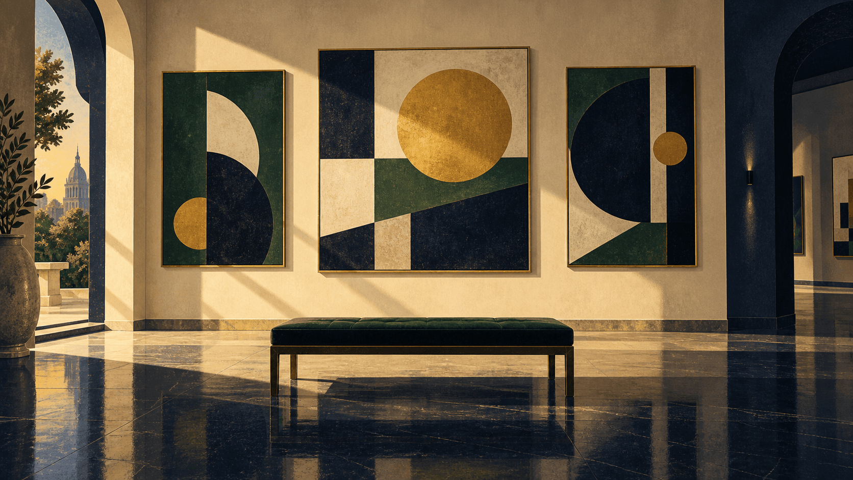 Imaginary museum scene; illustration, not a photograph of the venue