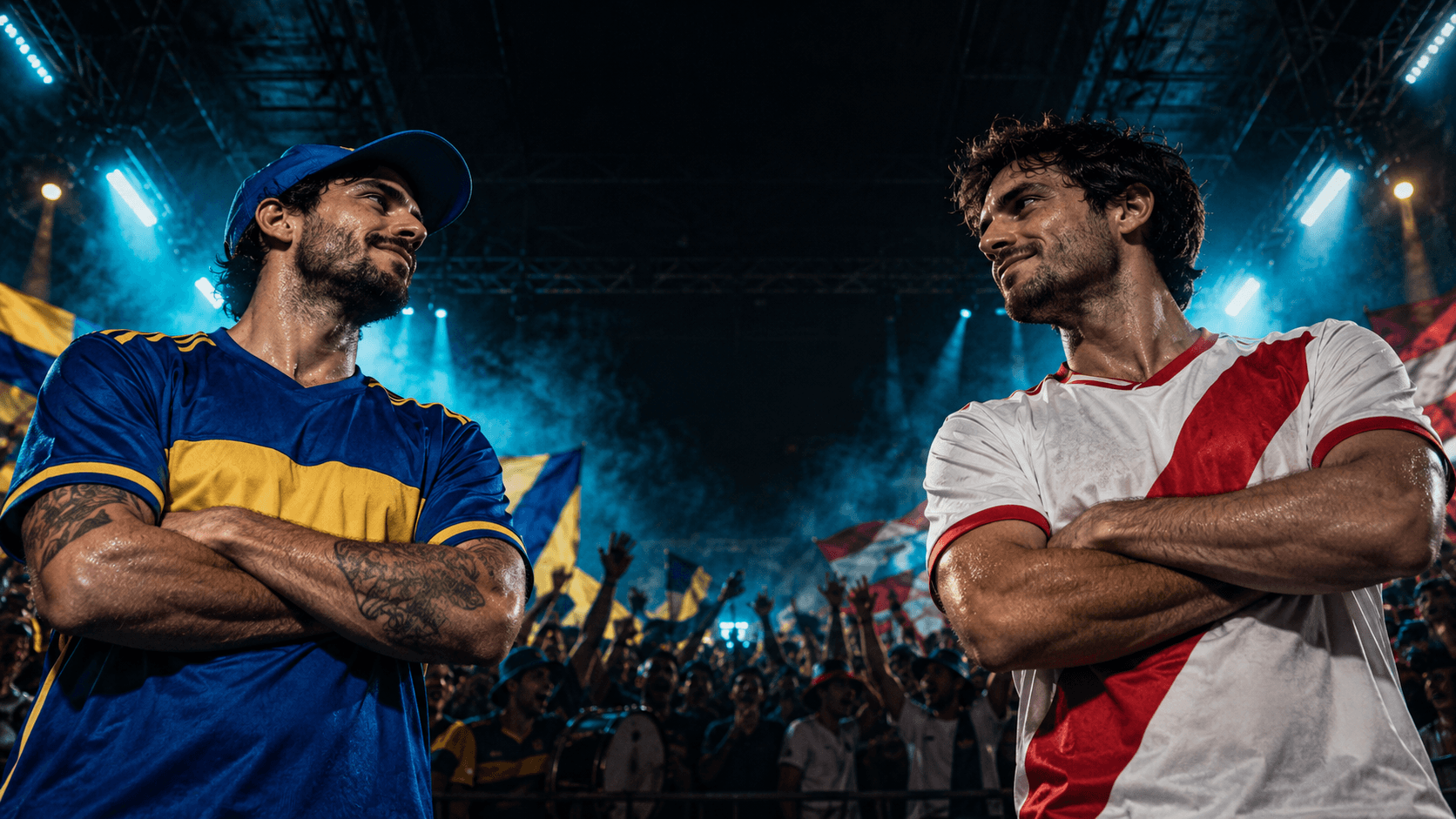 Escena conceptual creada con IA: hinchas rivales frente a frente.