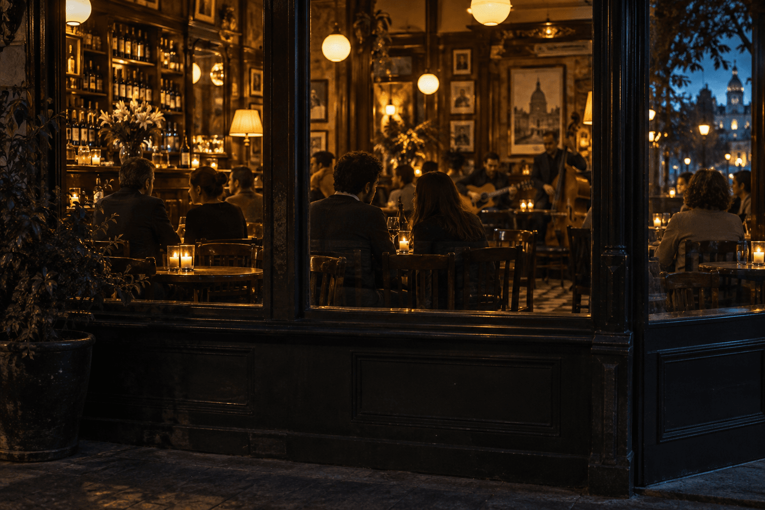 Ilustración de un café cultural porteño iluminado al anochecer