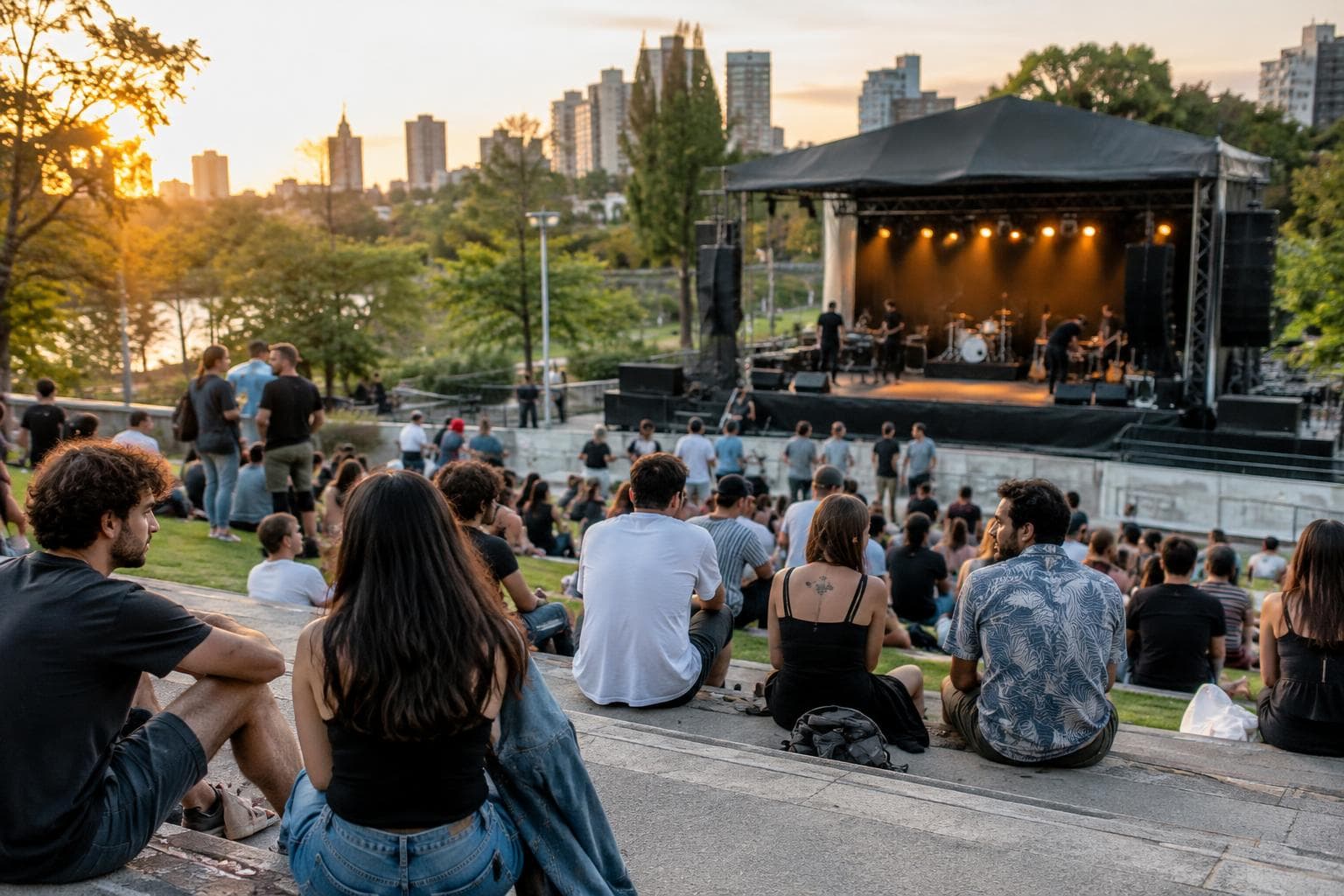 Público esperando un recital gratuito al aire libre en un anfiteatro urbano.