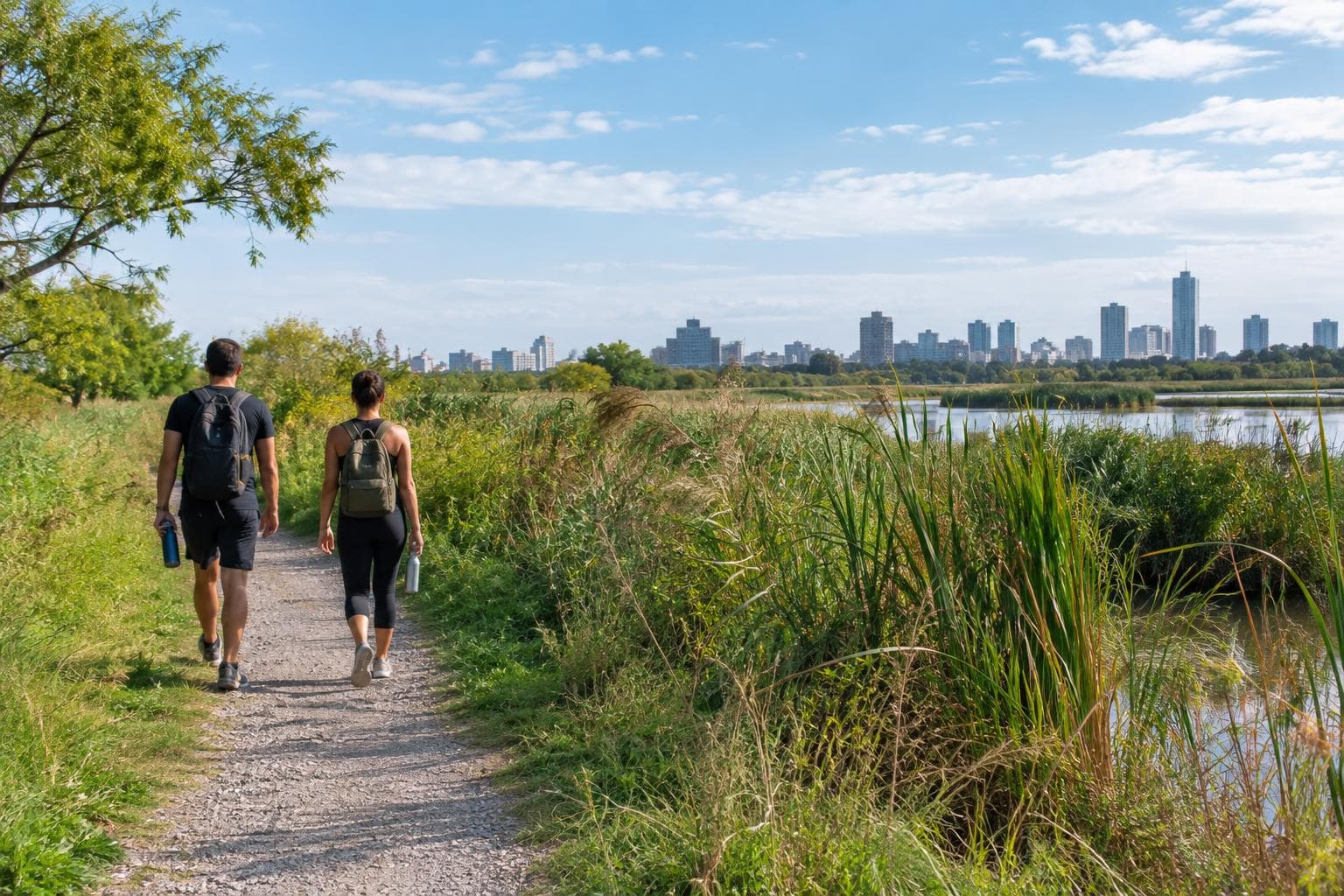 AI-generated photorealistic image: people walk along a path beside wetland vegetation, an illustrative scene for a Costanera Sur guide.