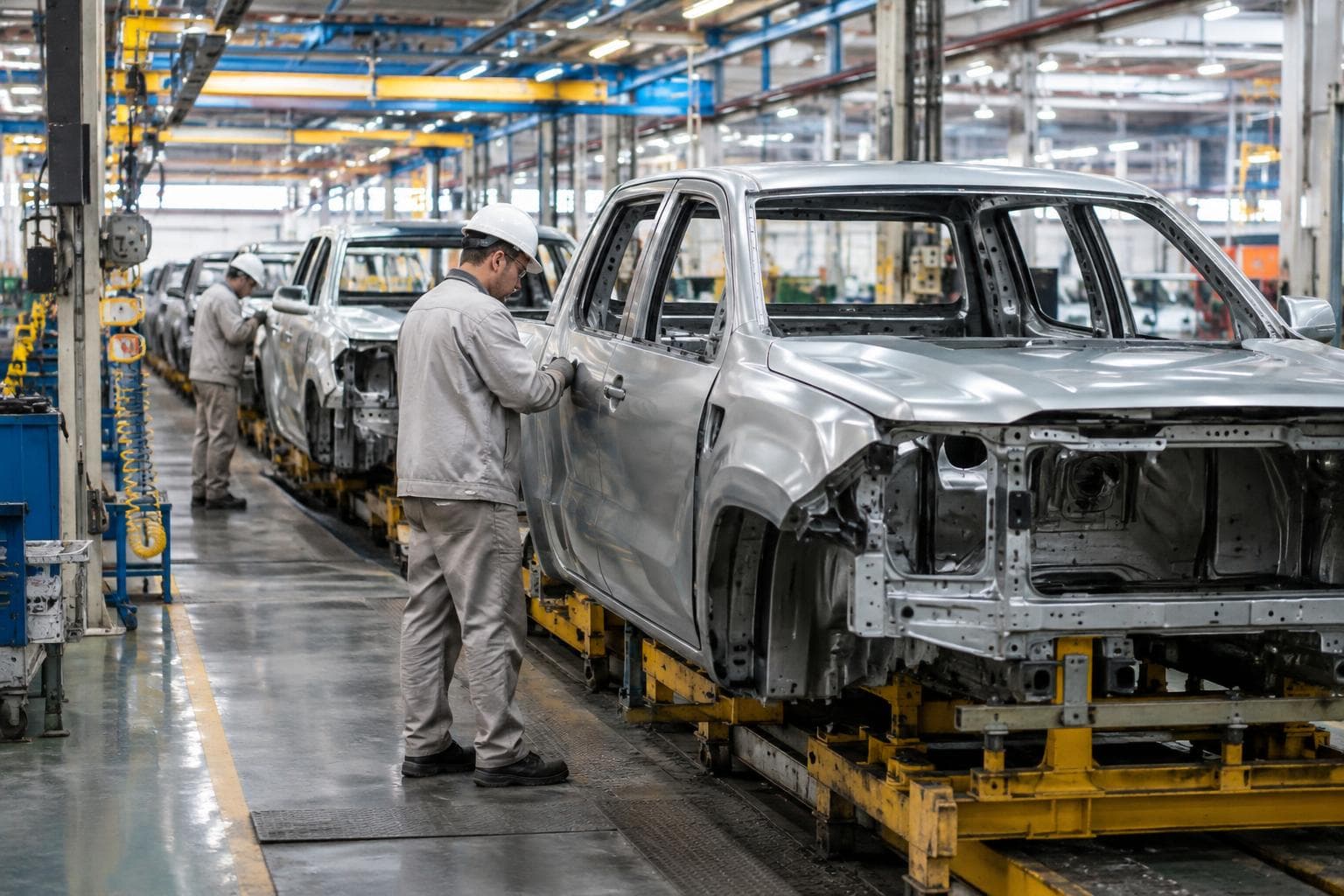 Una línea de montaje automotriz genérica con carrocerías de pick-up y operarios, usada como ilustración editorial.