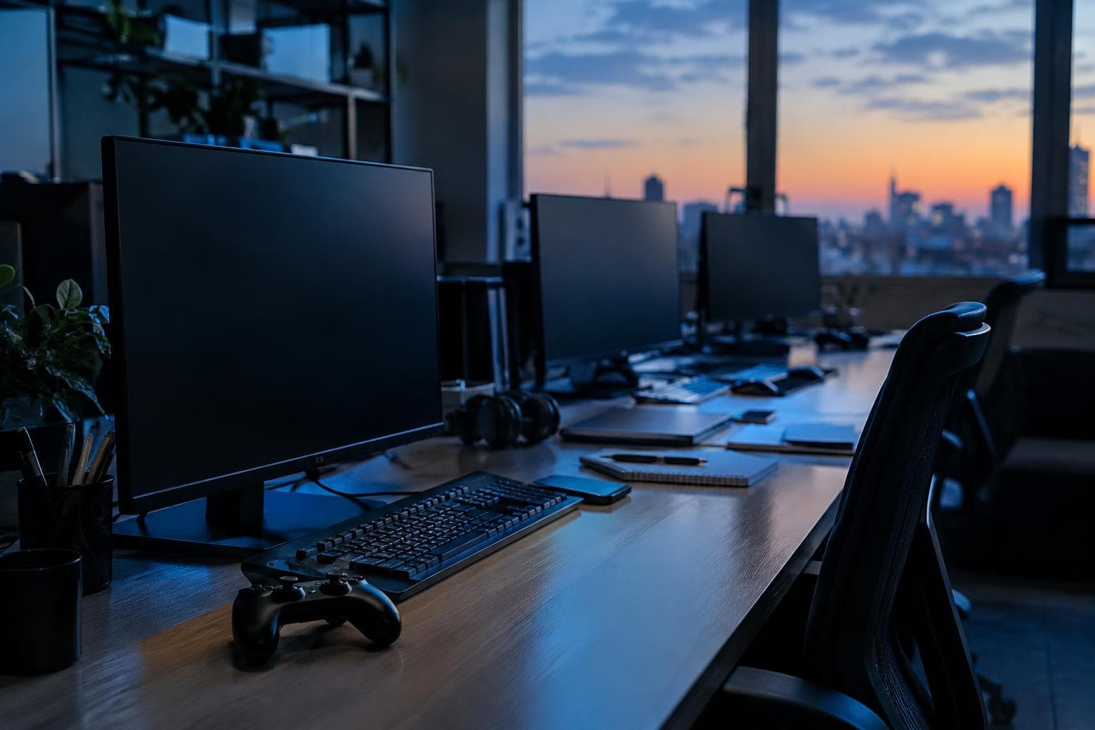 Un estudio de videojuegos vacío al atardecer, con monitores apagados y controles sobre escritorios.
