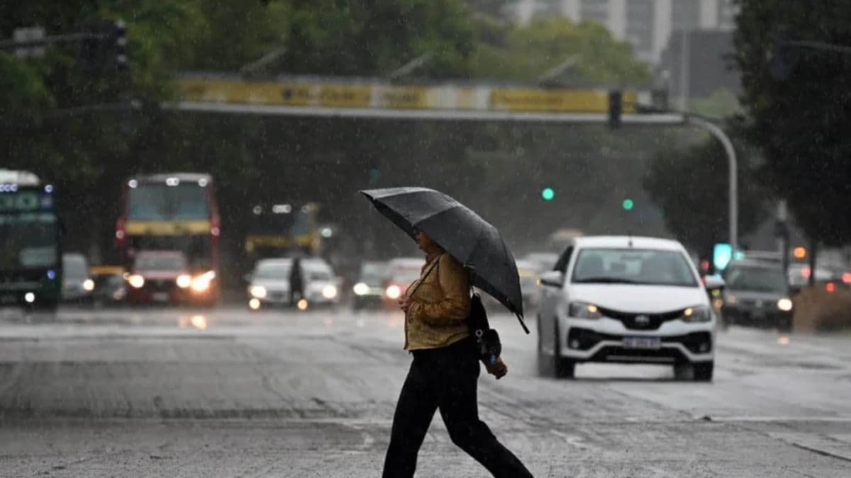 Rain falling on a city street during a storm