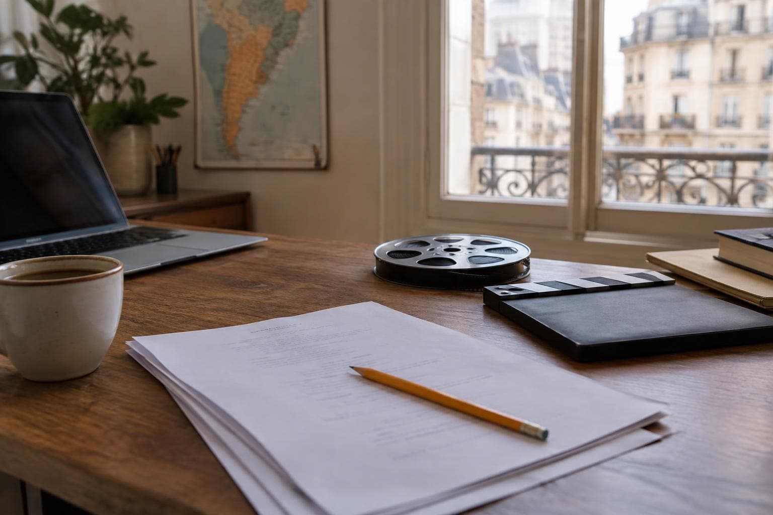 Un escritorio de trabajo cinematográfico con guion, laptop y rollo de película.