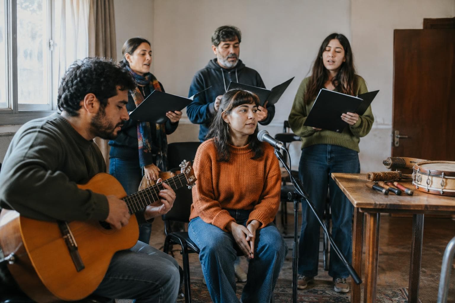 Músicos y coreutas ensayando en una sala comunitaria, usada como ilustración editorial.