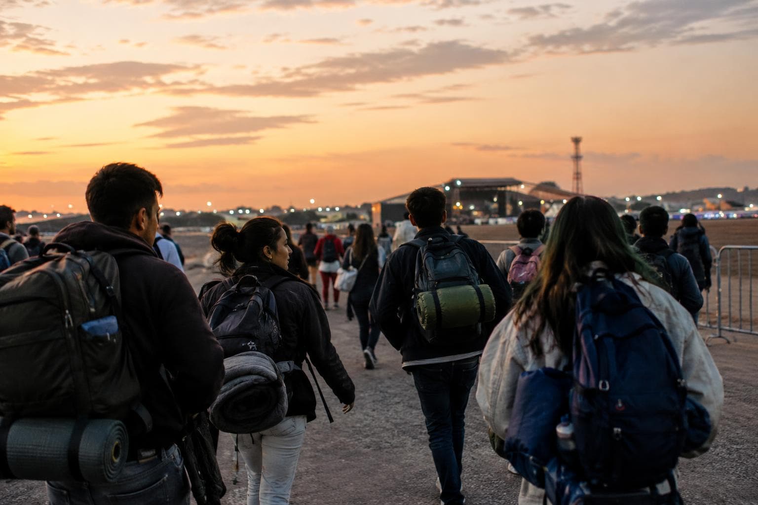 Peregrinos con mochilas y bolsas de dormir llegando al atardecer a un predio abierto en Córdoba.