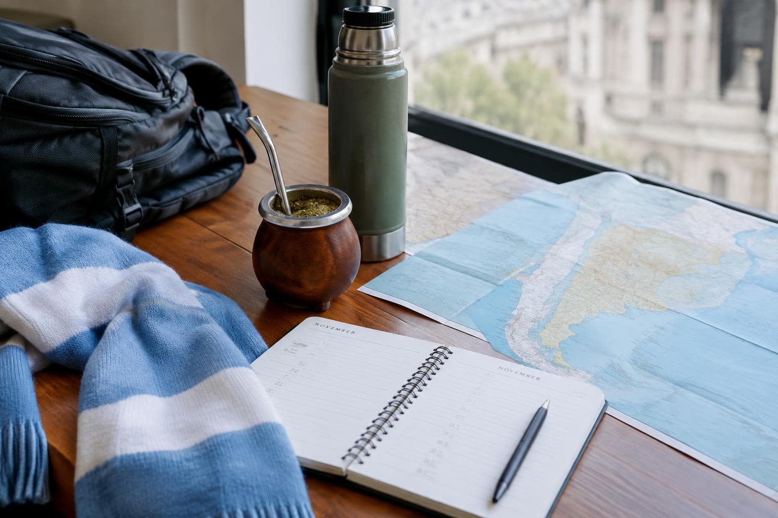 Una mesa con mate, cuaderno y colores argentinos para planificar amistosos de fútbol.