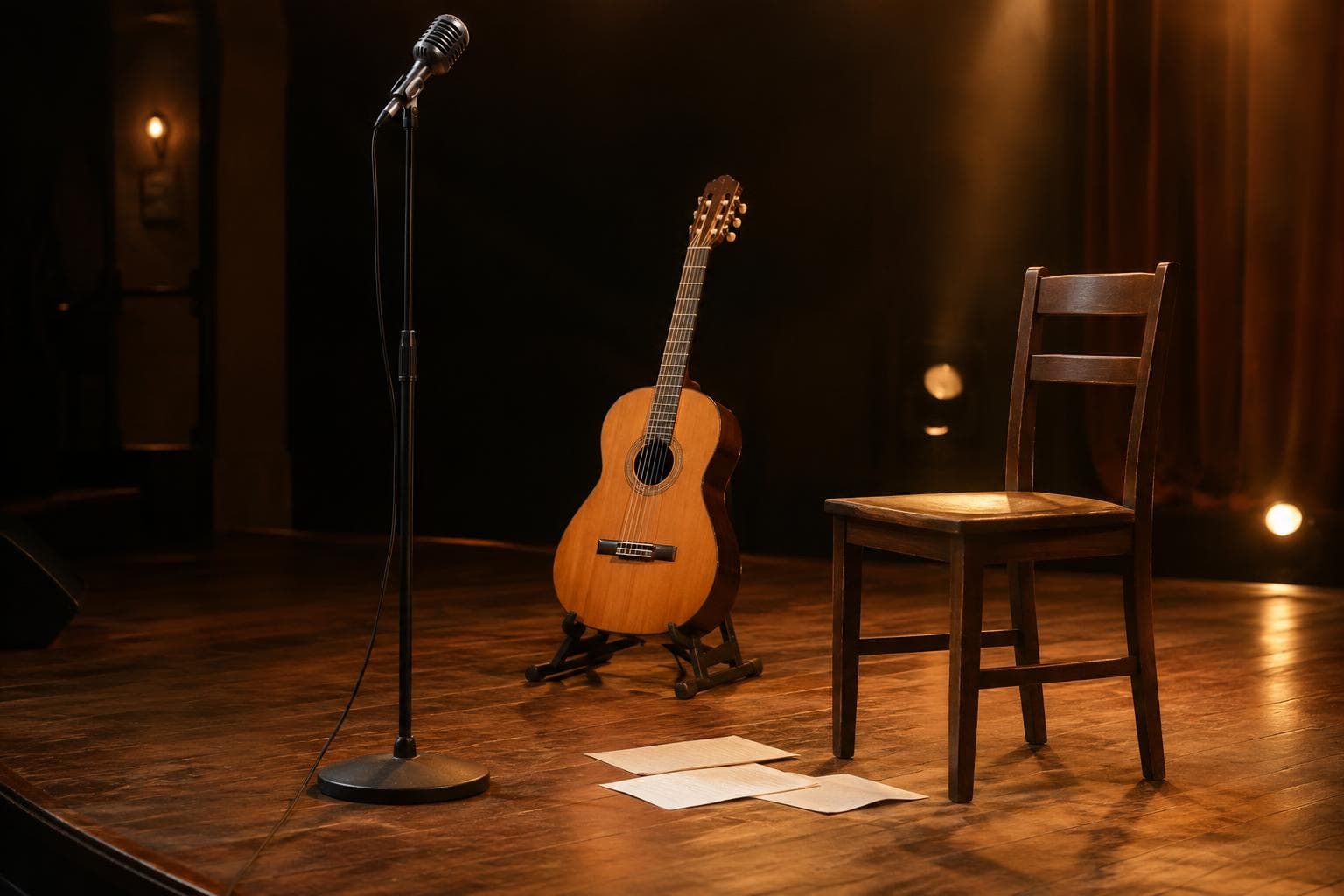 A guitar and microphone on an empty stage, used as an editorial tribute to Argentine popular song.