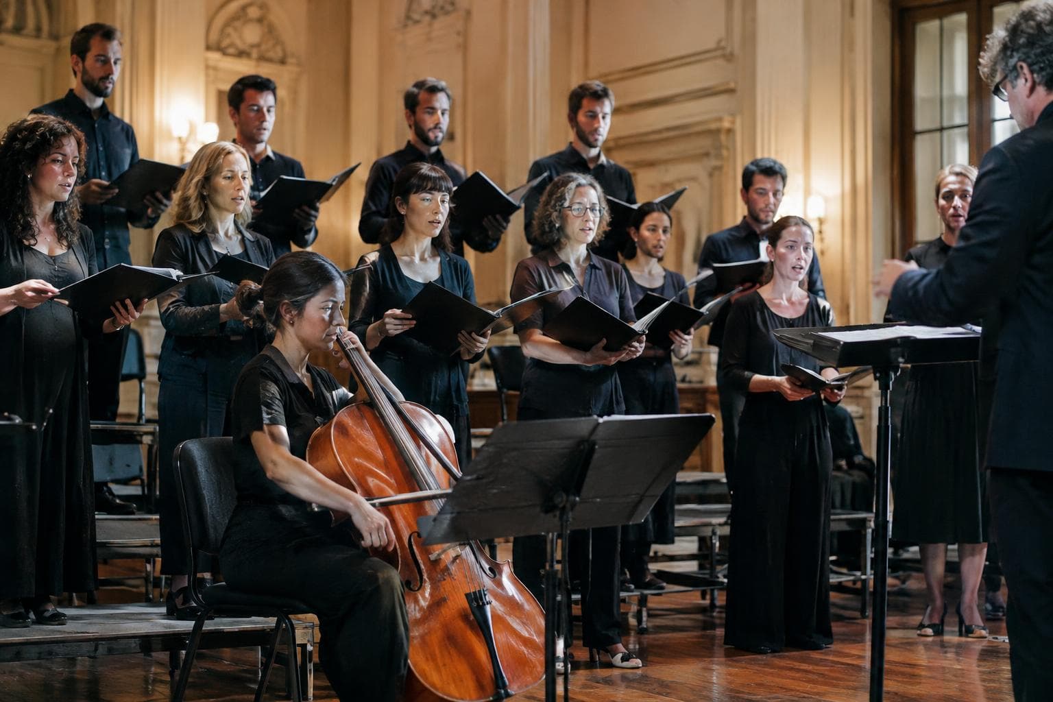 Un coro con atriles y un violonchelo en una sala patrimonial; ilustrativa, no documental.