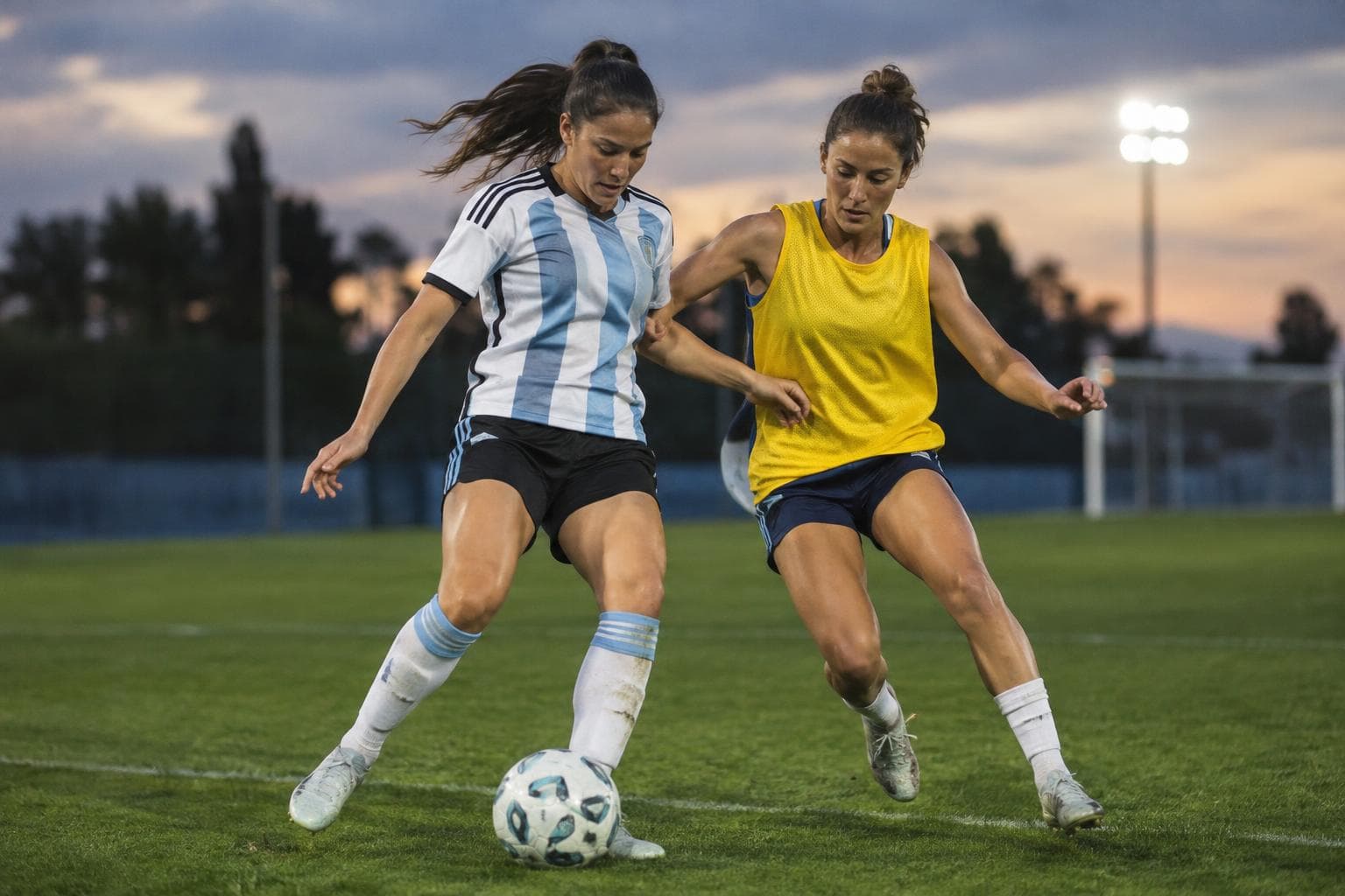 Futbolistas mujeres disputando una pelota en una cancha iluminada.