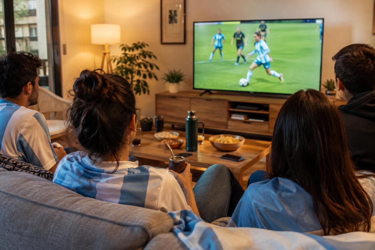 Hinchas mirando fútbol femenino por TV en un living argentino.