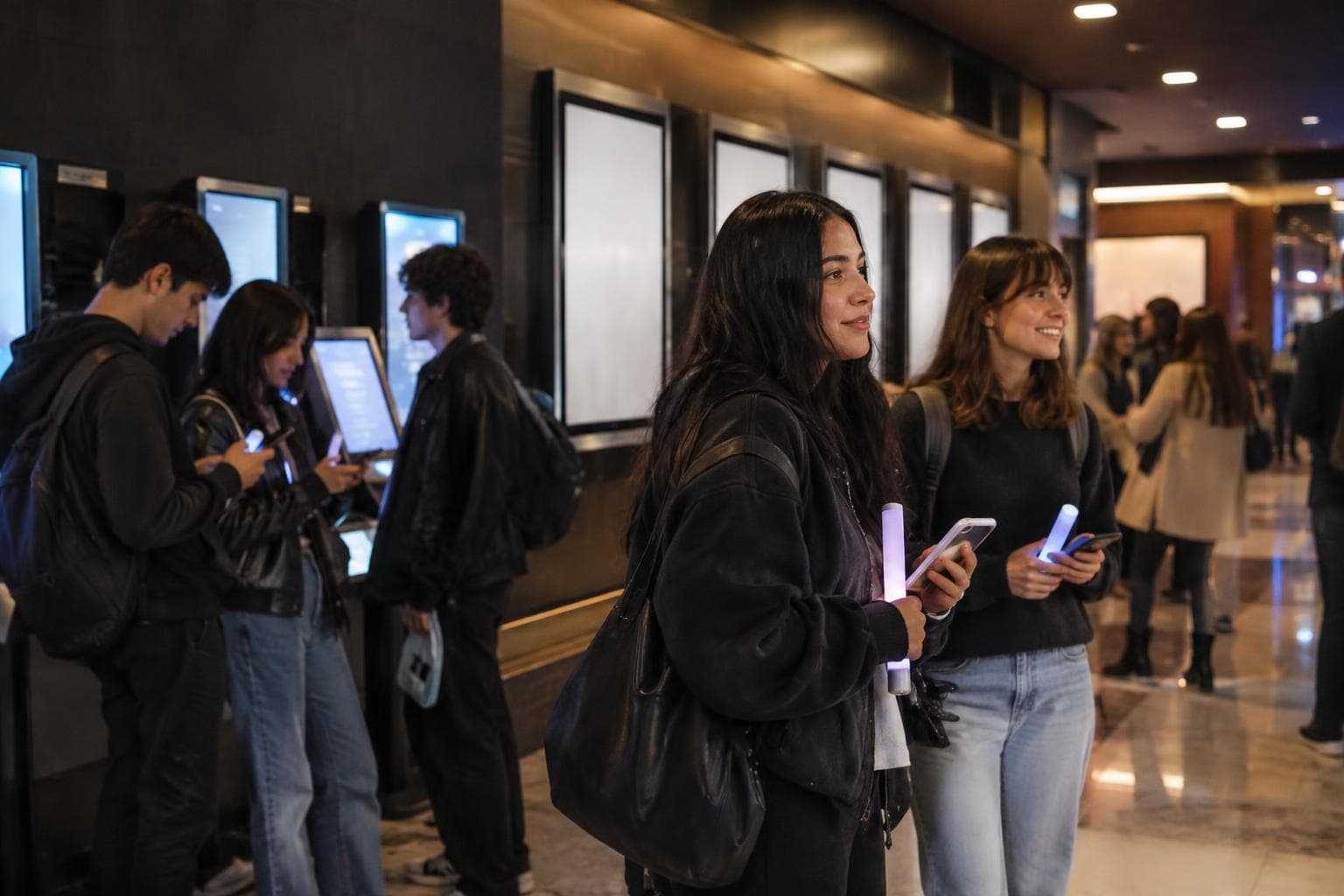 Fans esperando en el lobby de un cine para una función musical.