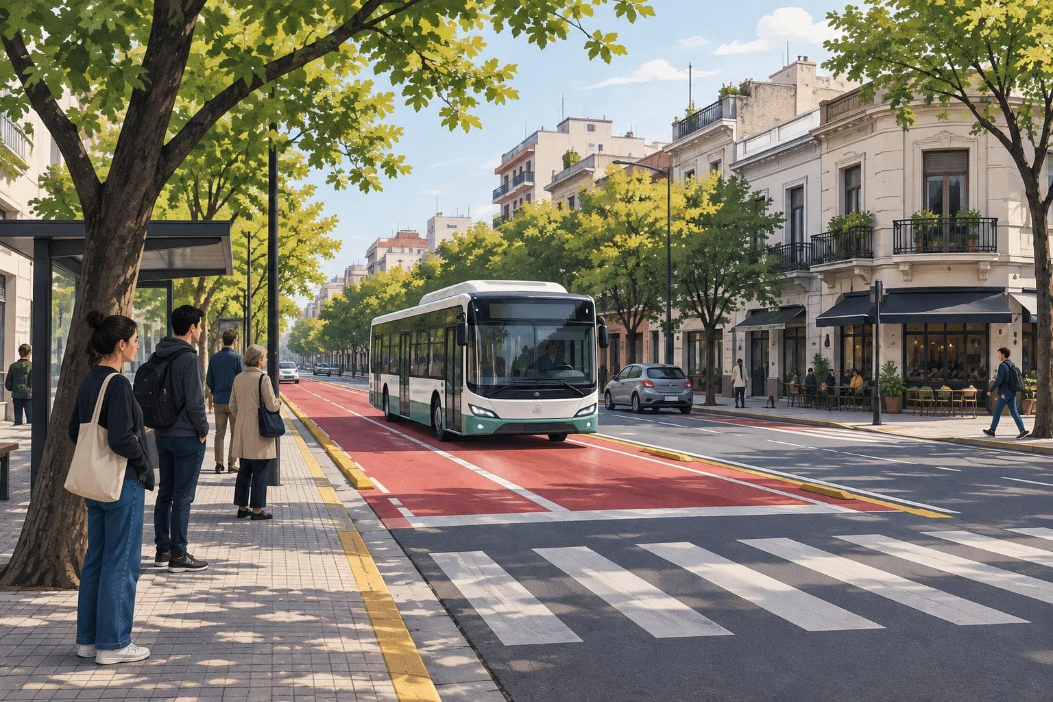 Ilustración conceptual de un bus eléctrico genérico en una avenida porteña con carriles rojos.