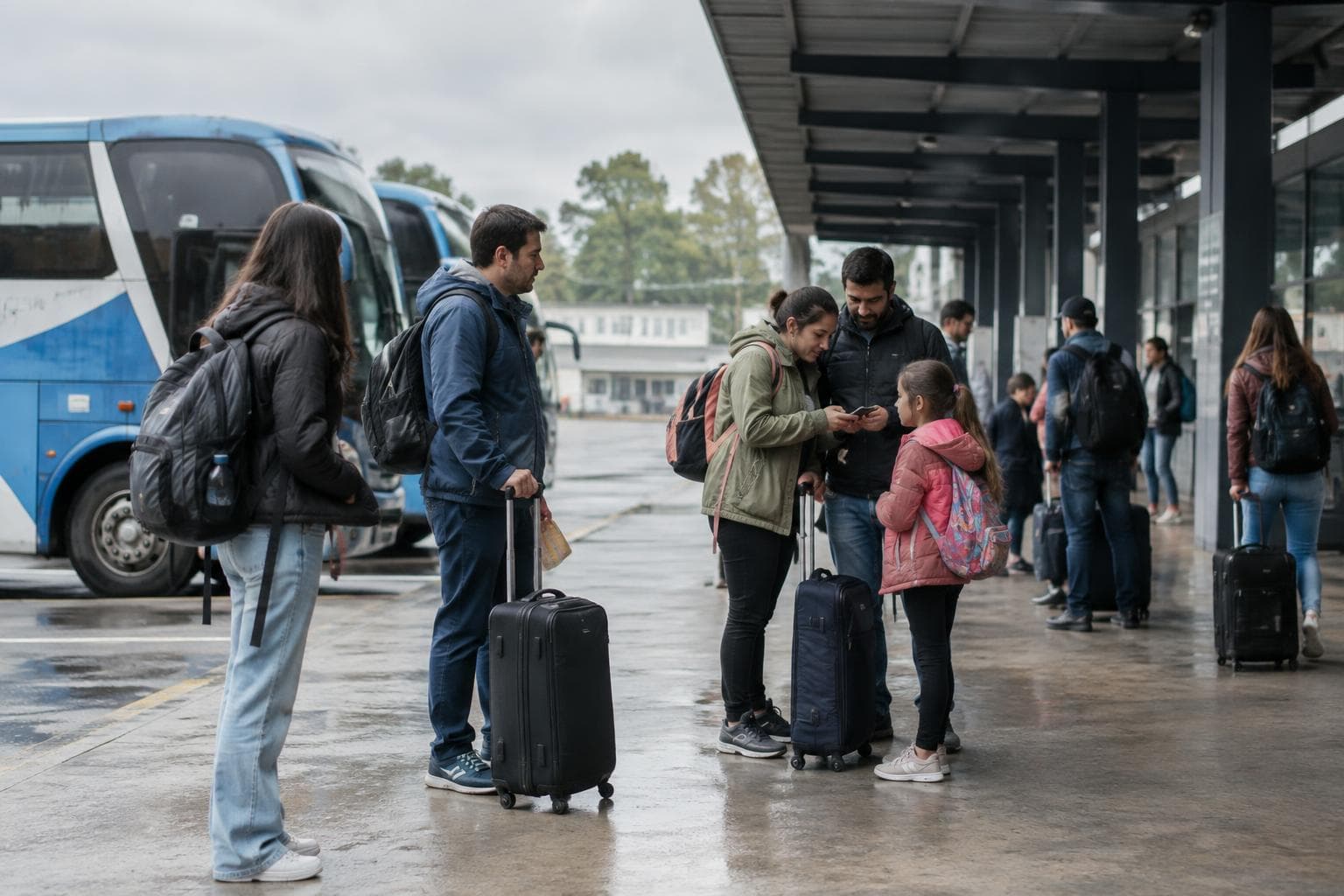 Travellers with backpacks and suitcases at an Argentine terminal after a long weekend.