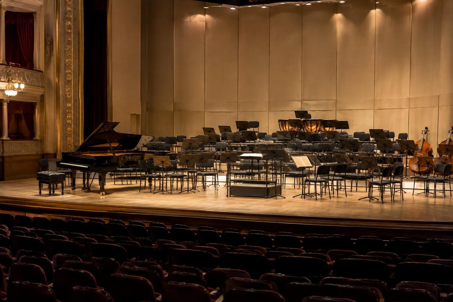 Una sala de conciertos con escenario iluminado, atriles, sillas de orquesta y piano.
