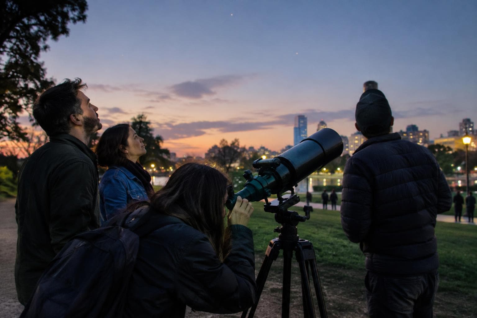 Personas junto a un telescopio en un parque urbano al atardecer, escena ilustrativa de una salida astronómica.