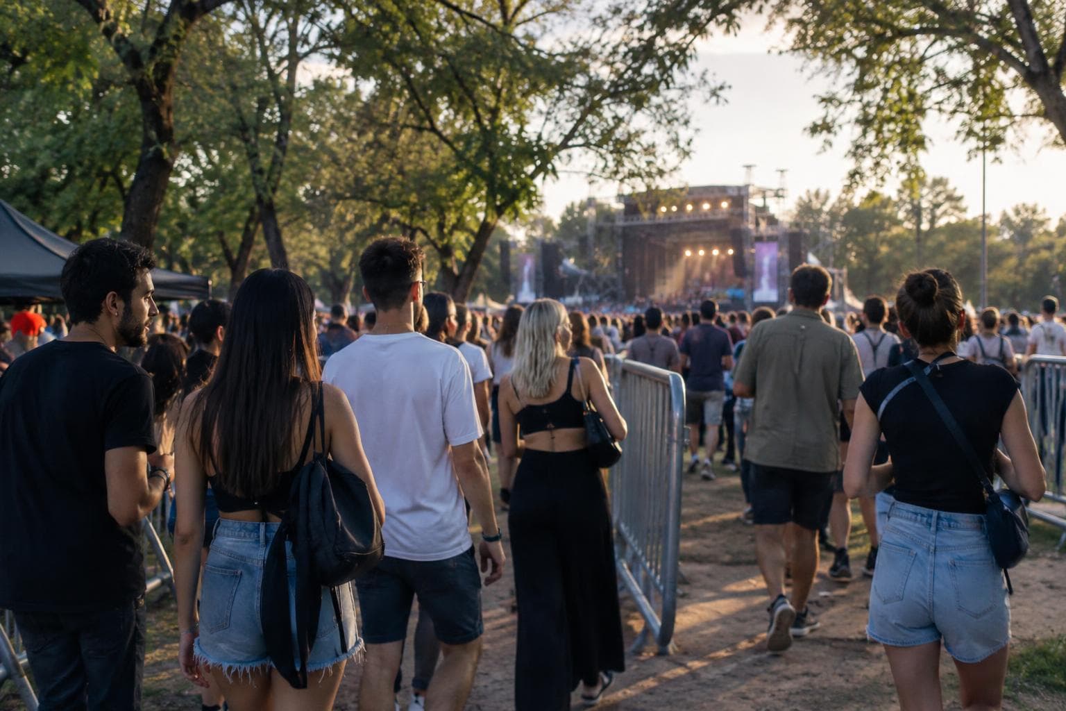 Público ingresando a un predio de festival urbano al atardecer.