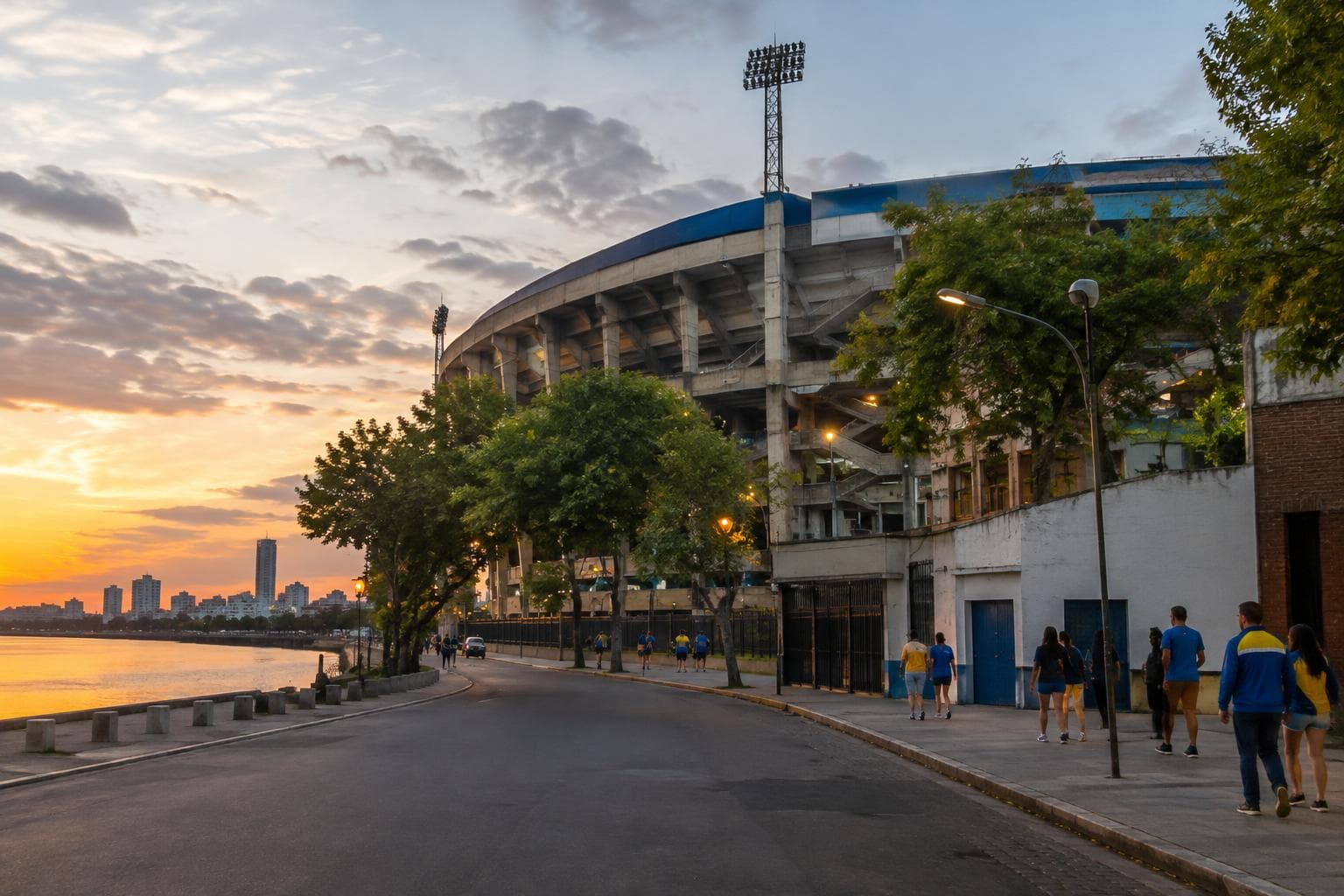 An Argentine urban football stadium at dusk, with fans walking outside and no visible logos.