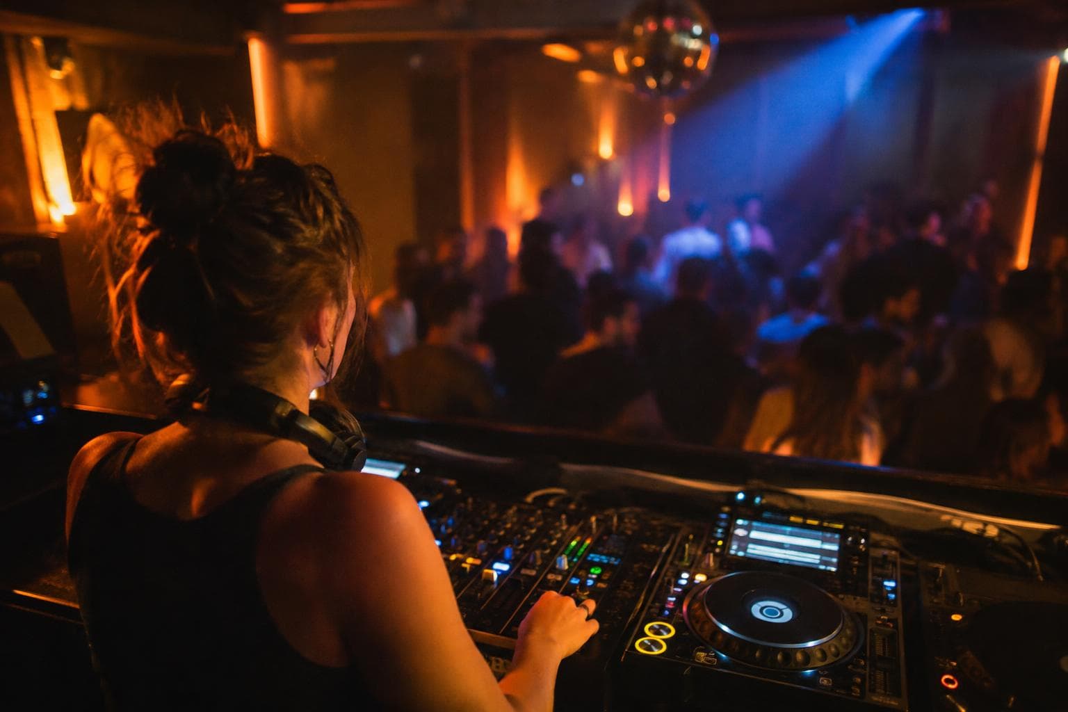Una cabina de DJ en un club nocturno, con público desenfocado y luces cálidas.