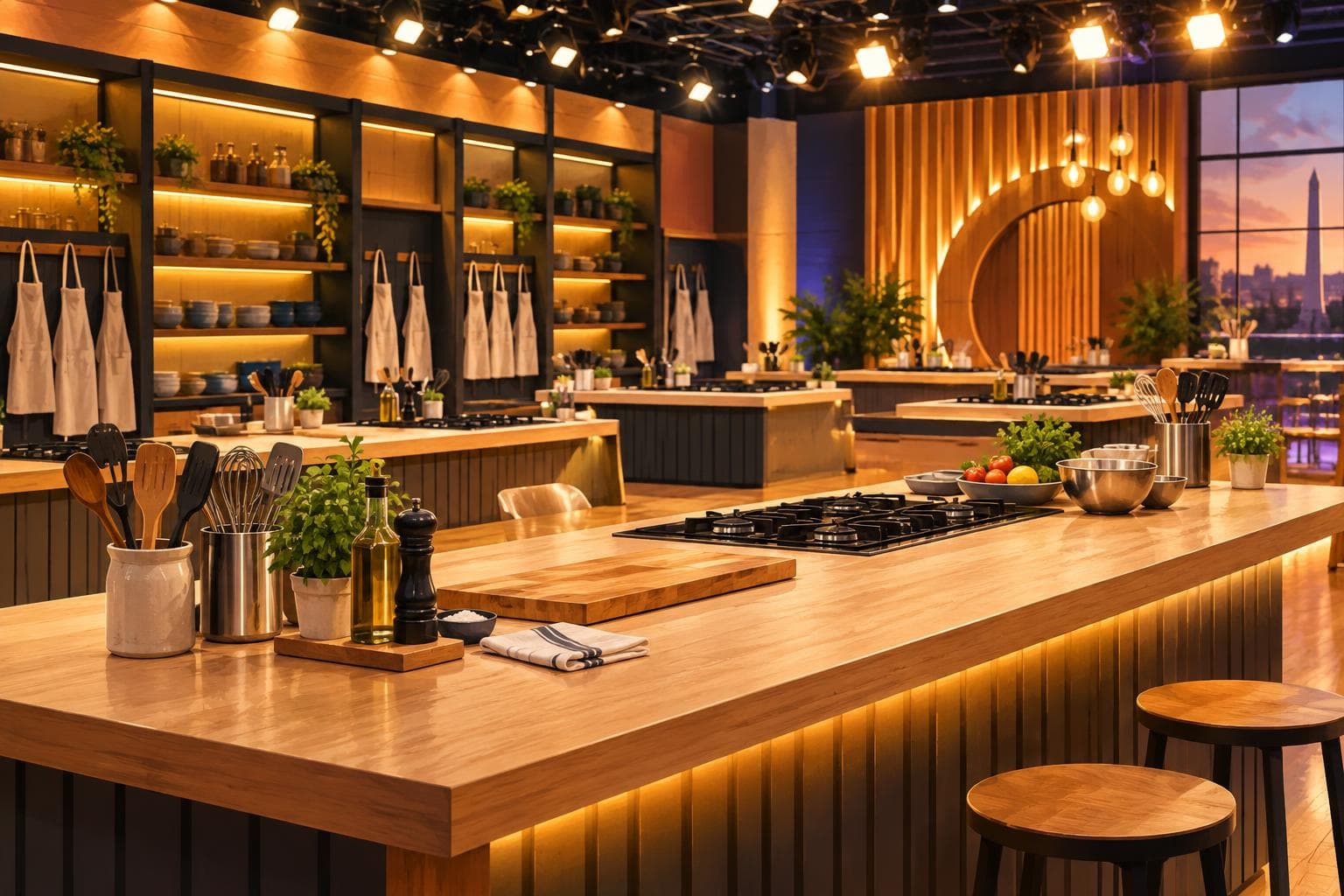 Conceptual editorial illustration of a TV kitchen set prepared for a celebrity cooking competition.