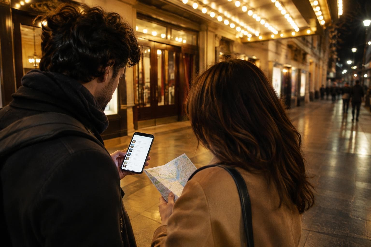 AI-generated photorealistic image: two people check a phone and map outside a generic Buenos Aires theater entrance, an illustrative non-documentary scene.