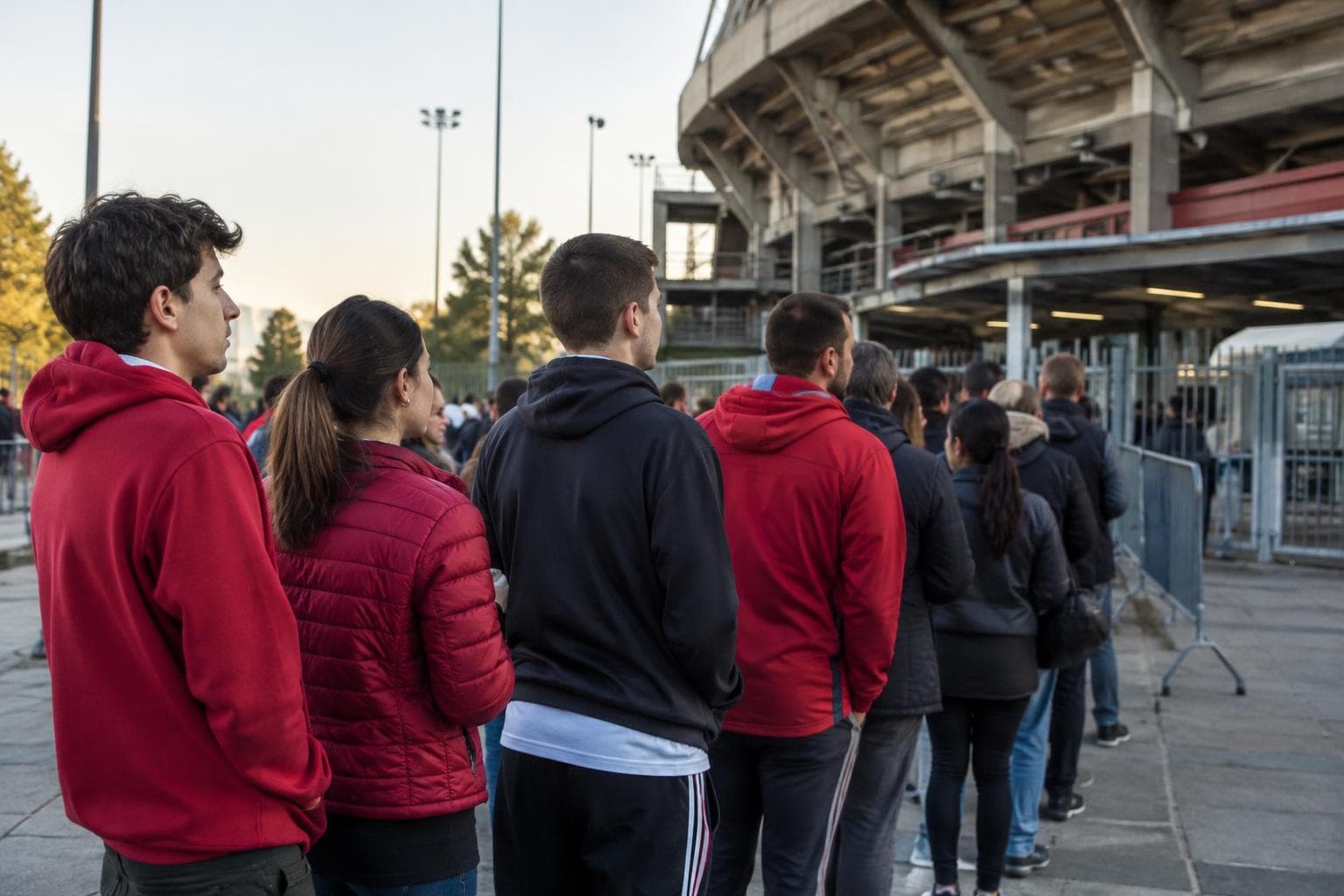 Supporters lining up near a generic stadium entrance, with no logos or visible text.