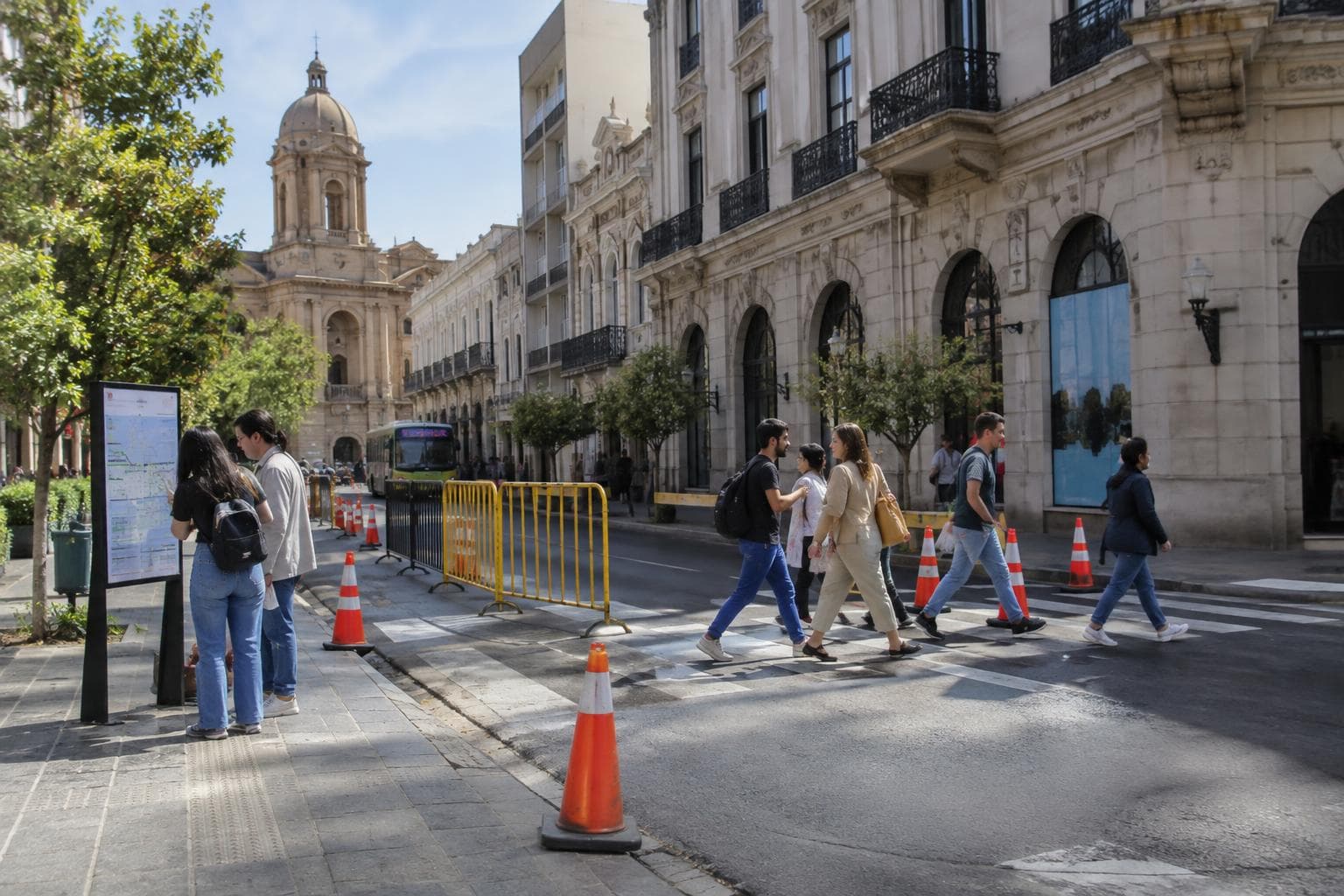 A central Córdoba street with cones, barriers and pedestrians during a traffic operation.