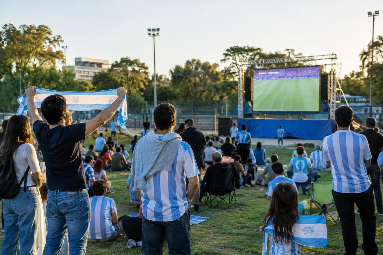 Fans in light blue and white clothing facing an outdoor screen at a sports field.