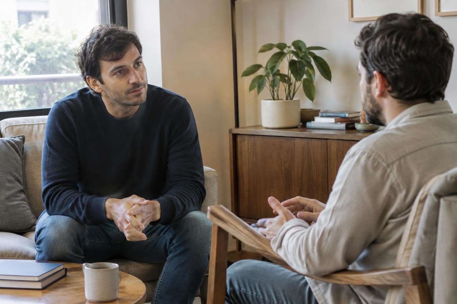 Dos hombres adultos conversando en un living sobrio, ilustrativa de una ficción sobre terapia y bloqueo creativo.