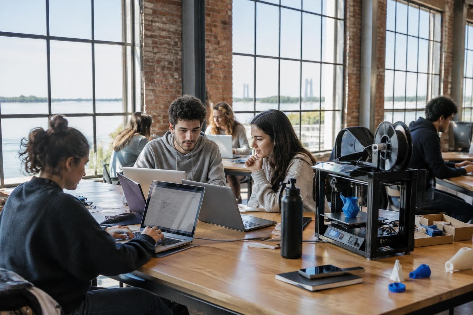 A public technology classroom with young people using computers and a 3D printer.