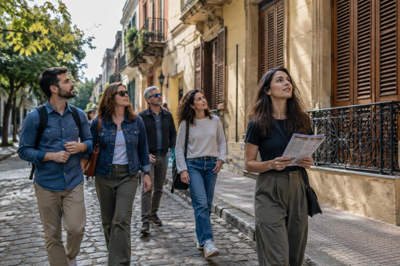 AI-generated photorealistic image: a small group walks along a cobblestone sidewalk with old façades inspired by San Telmo.