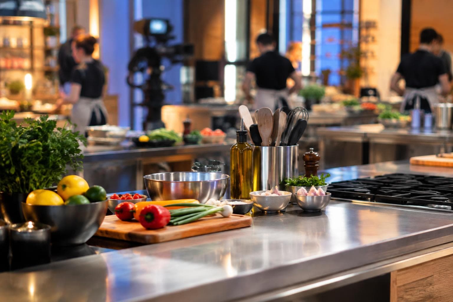 Imagen fotorrealista generada con IA: estudio de cocina televisiva preparado para una competencia, con mesadas, utensilios e ingredientes, sin personas identificables.
