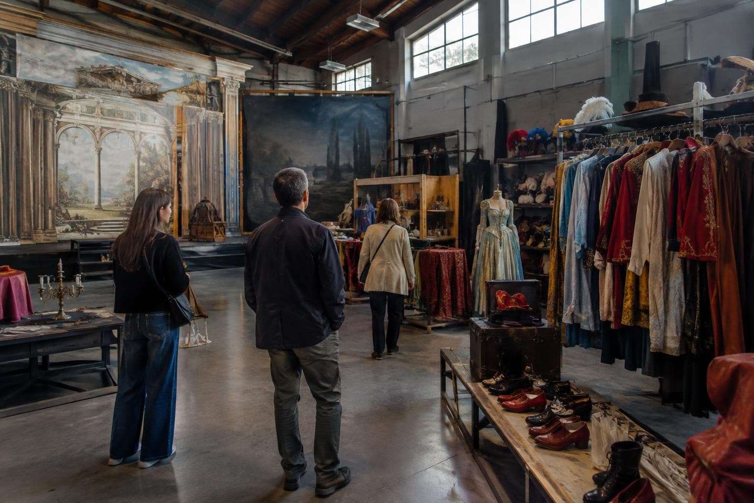 Visitantes observan vestuario y escenografías teatrales en un espacio de exhibición, como ilustración para una guía sobre Colón Fábrica.