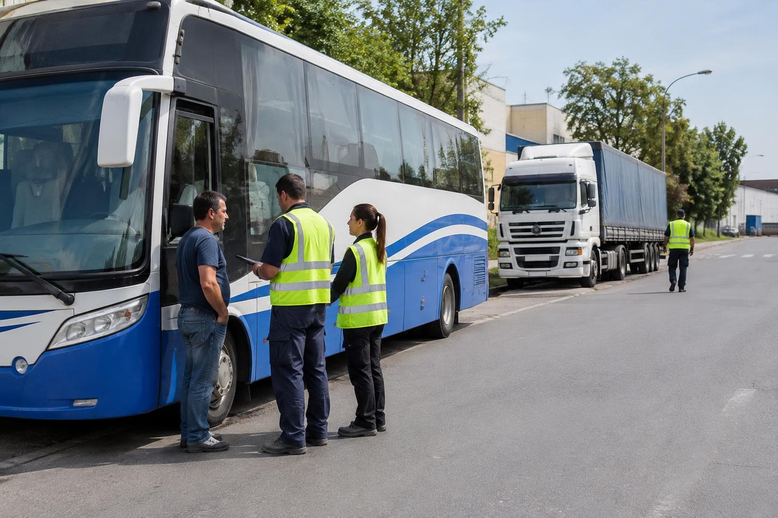 An illustrative transport check on an Argentine urban-industrial avenue, with a bus, a truck and inspectors without visible logos.