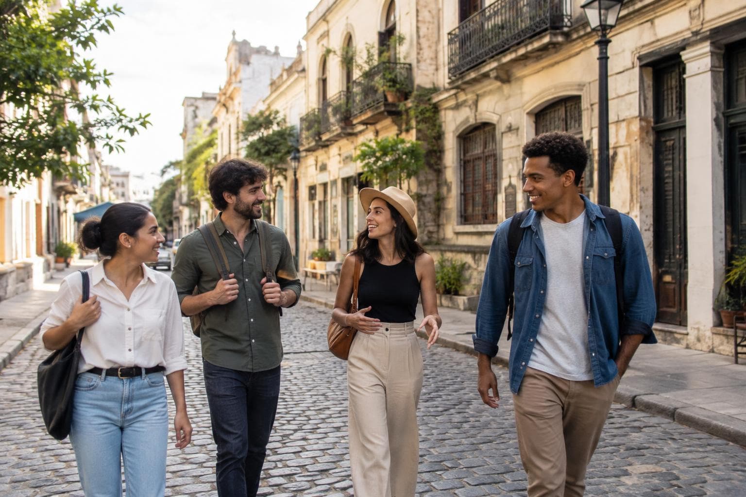 A small group walks along a cobblestone street inspired by San Telmo, with old façades and natural light.