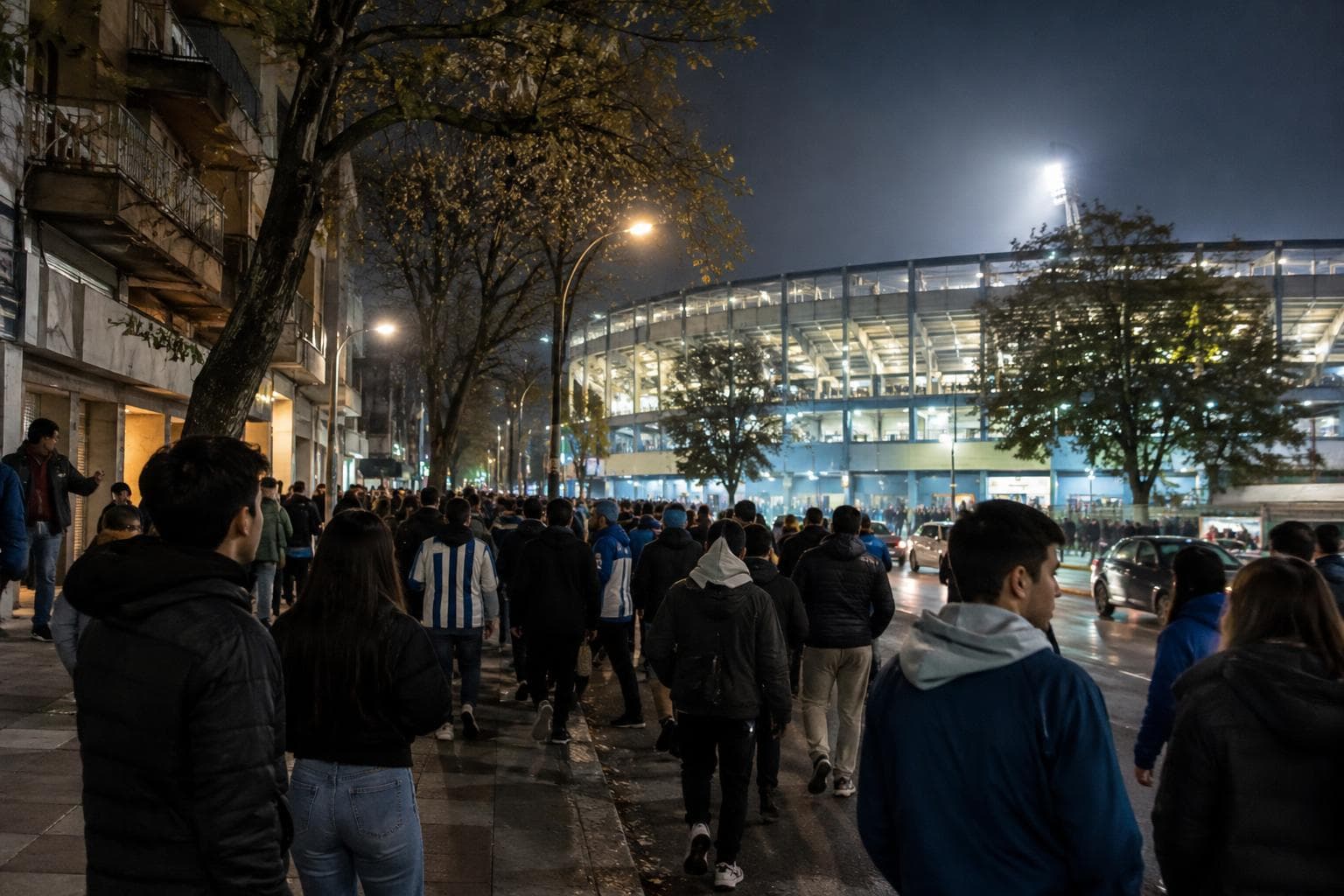 Hinchas caminando de noche hacia un estadio genérico en La Plata, sin logos visibles.