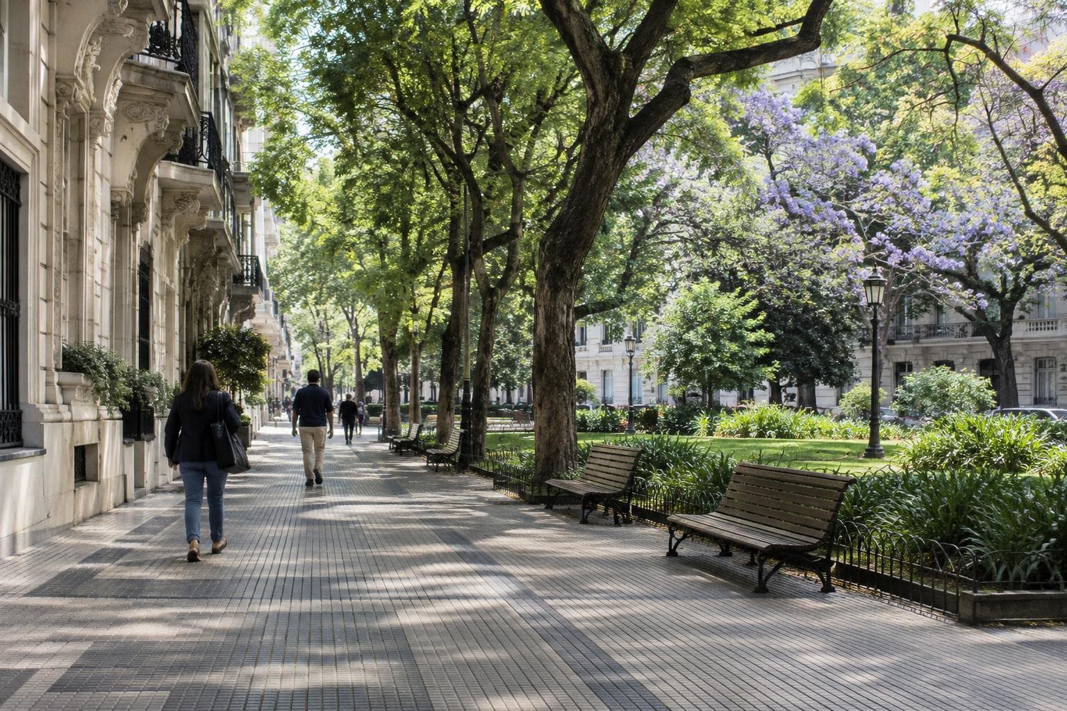 AI-generated photorealistic image: a tree-lined Recoleta sidewalk with classic façades and people walking calmly.
