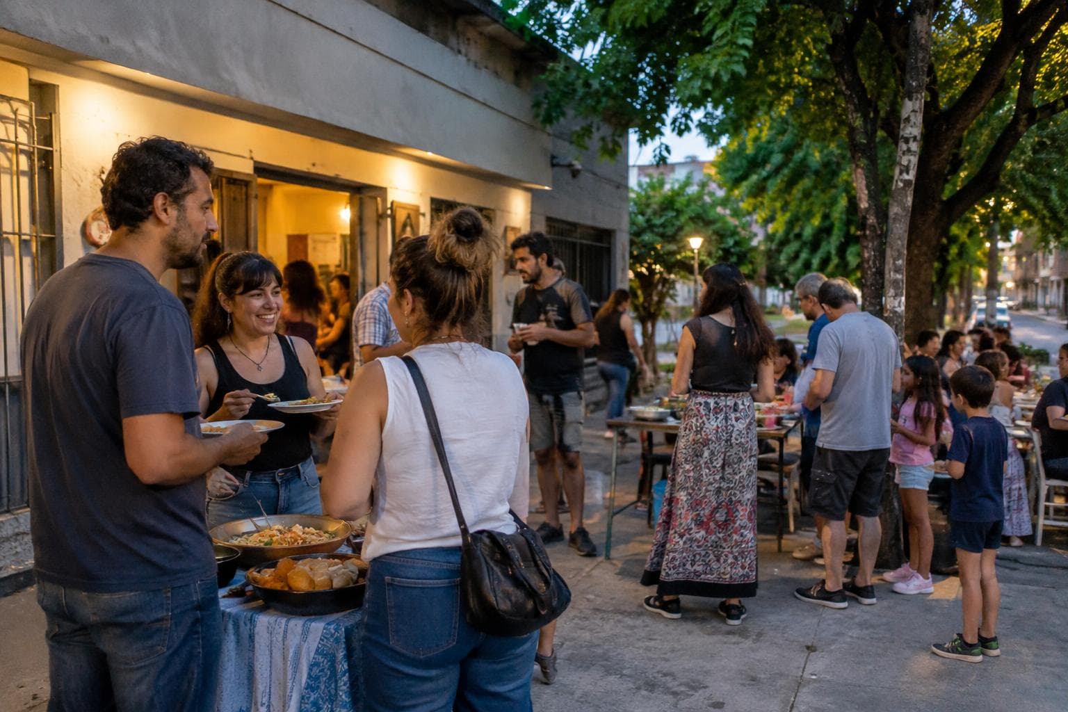 A neighborhood food night with tables and residents in Rosario.
