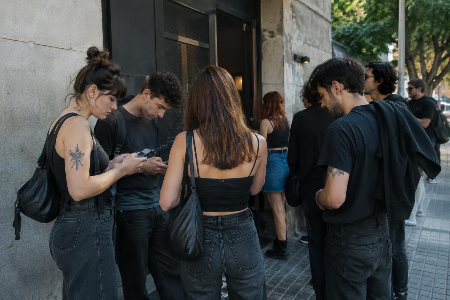 Young people waiting to enter an urban festival with no visible logos.
