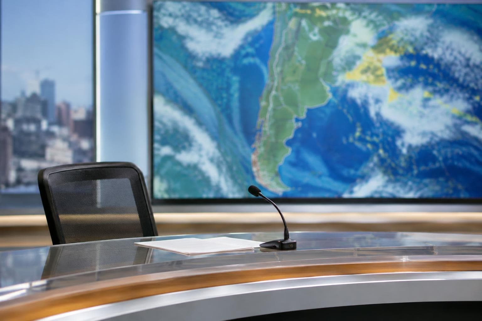 Un estudio de televisión vacío con una pantalla de clima desenfocada.