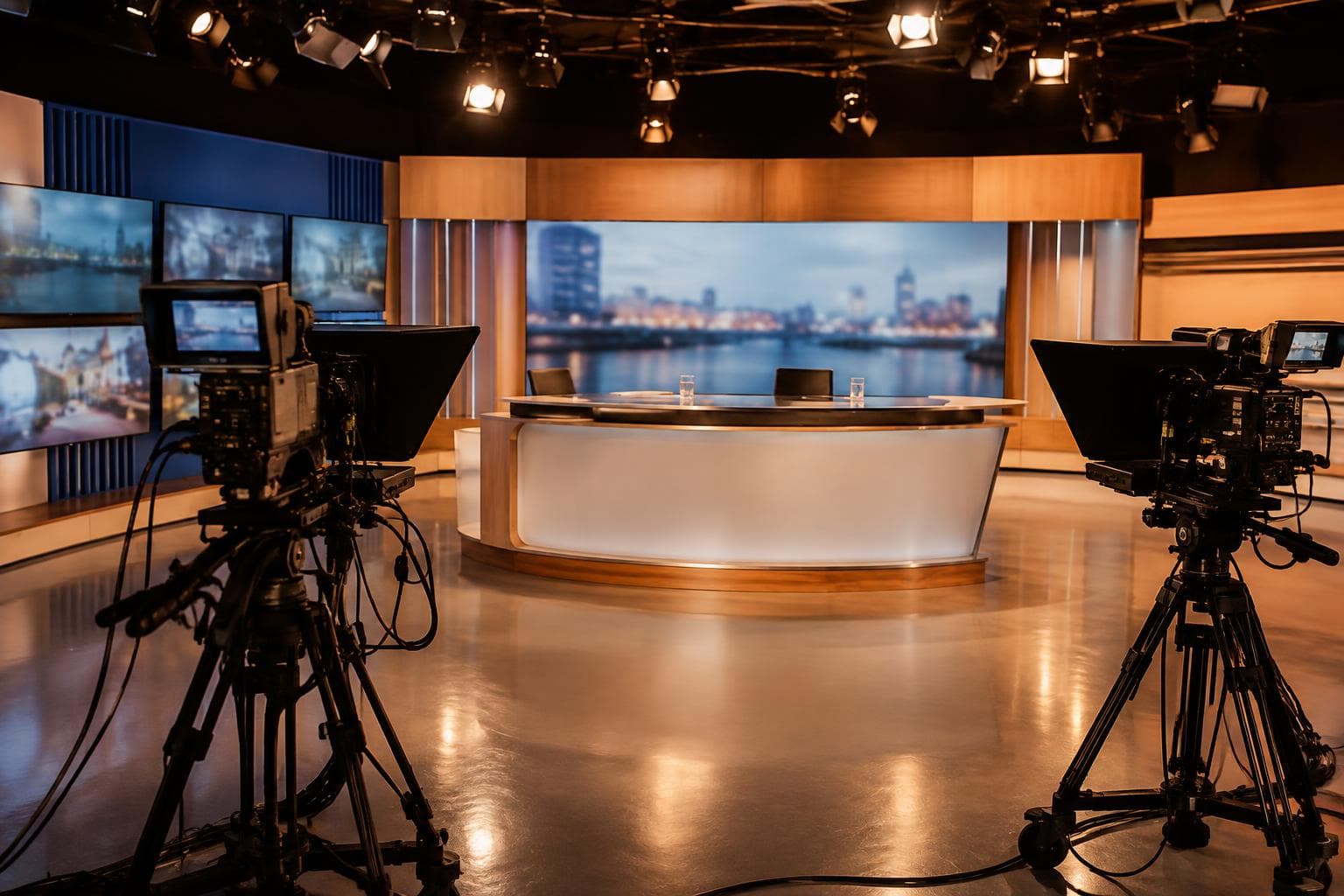 Un estudio de televisión público preparado para un especial de aniversario, con cámaras, luces y monitores sin texto legible.