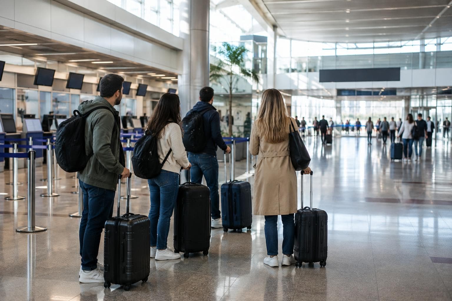 Passengers with luggage in a generic Argentine airport terminal.