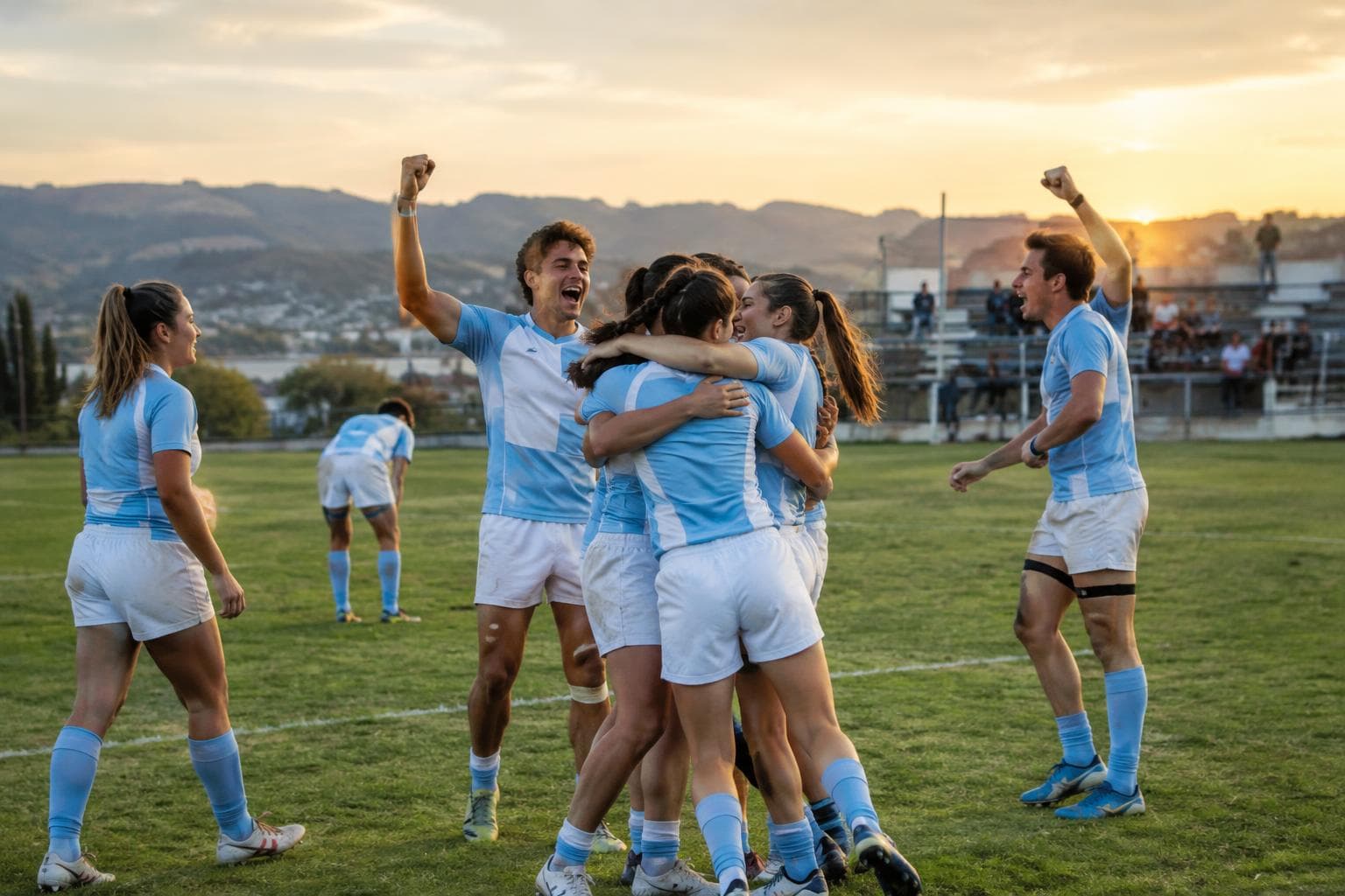 Rugby sevens players celebrating on a field in Córdoba.