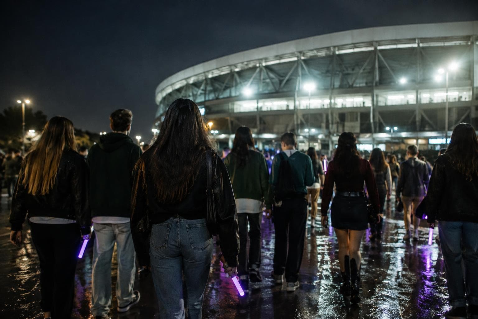 Fans caminando de noche hacia un estadio con luces violetas.