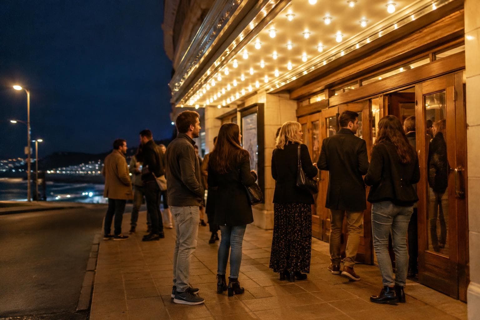 Público entrando a un teatro genérico de noche; escena ilustrativa, no documental.