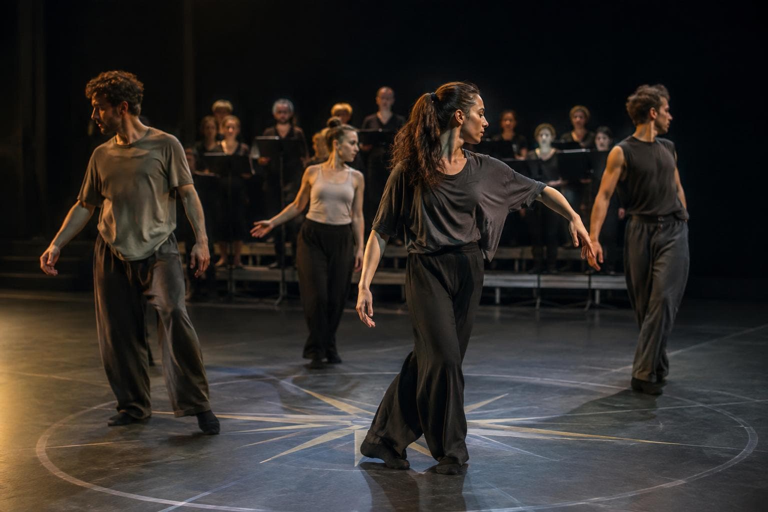 Imagen fotorealista generada con IA e ilustrativa: bailarines en un teatro de caja negra con una rosa de los vientos proyectada en el piso y un coro desenfocado al fondo.
