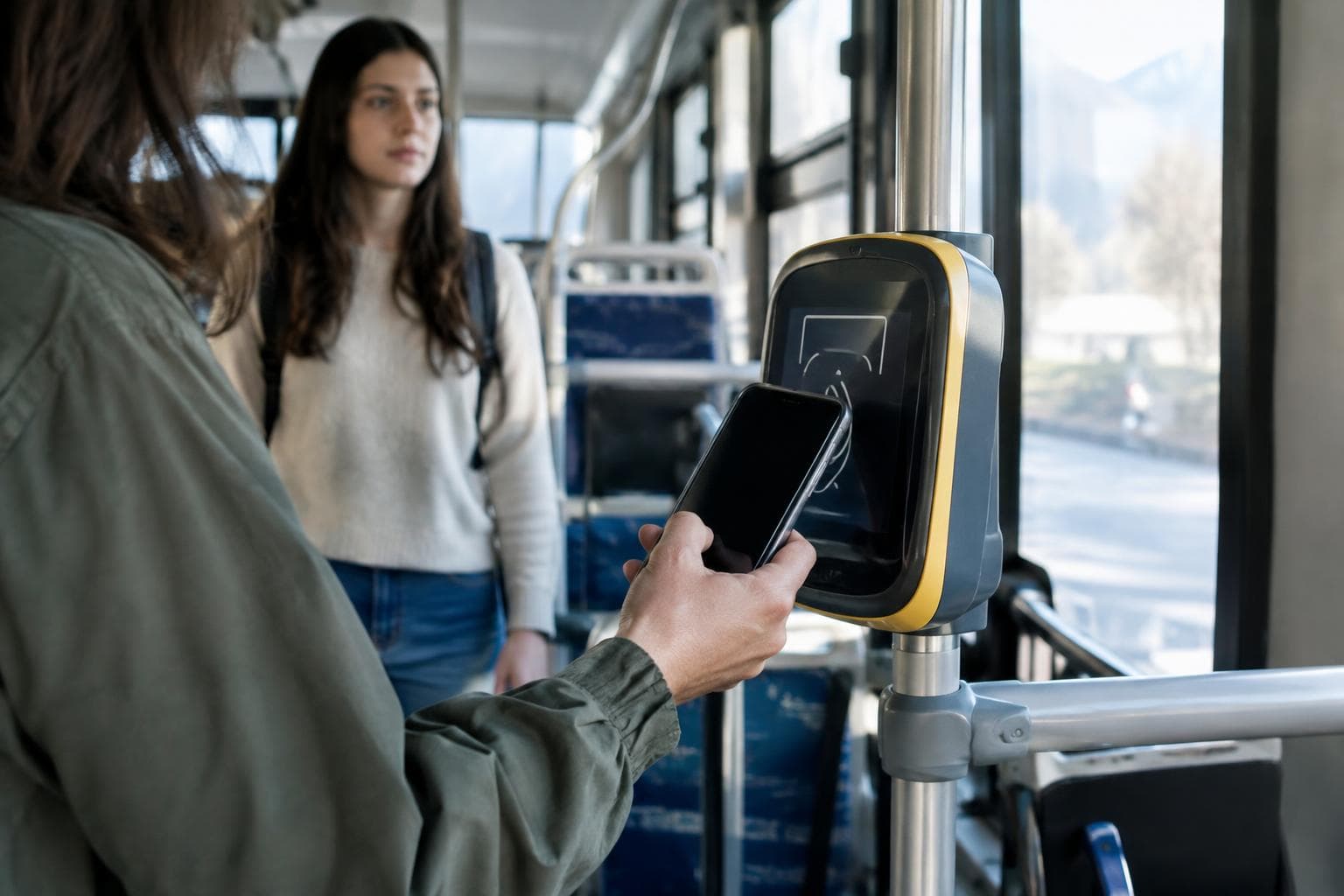A person paying with a phone at a public transport fare validator.